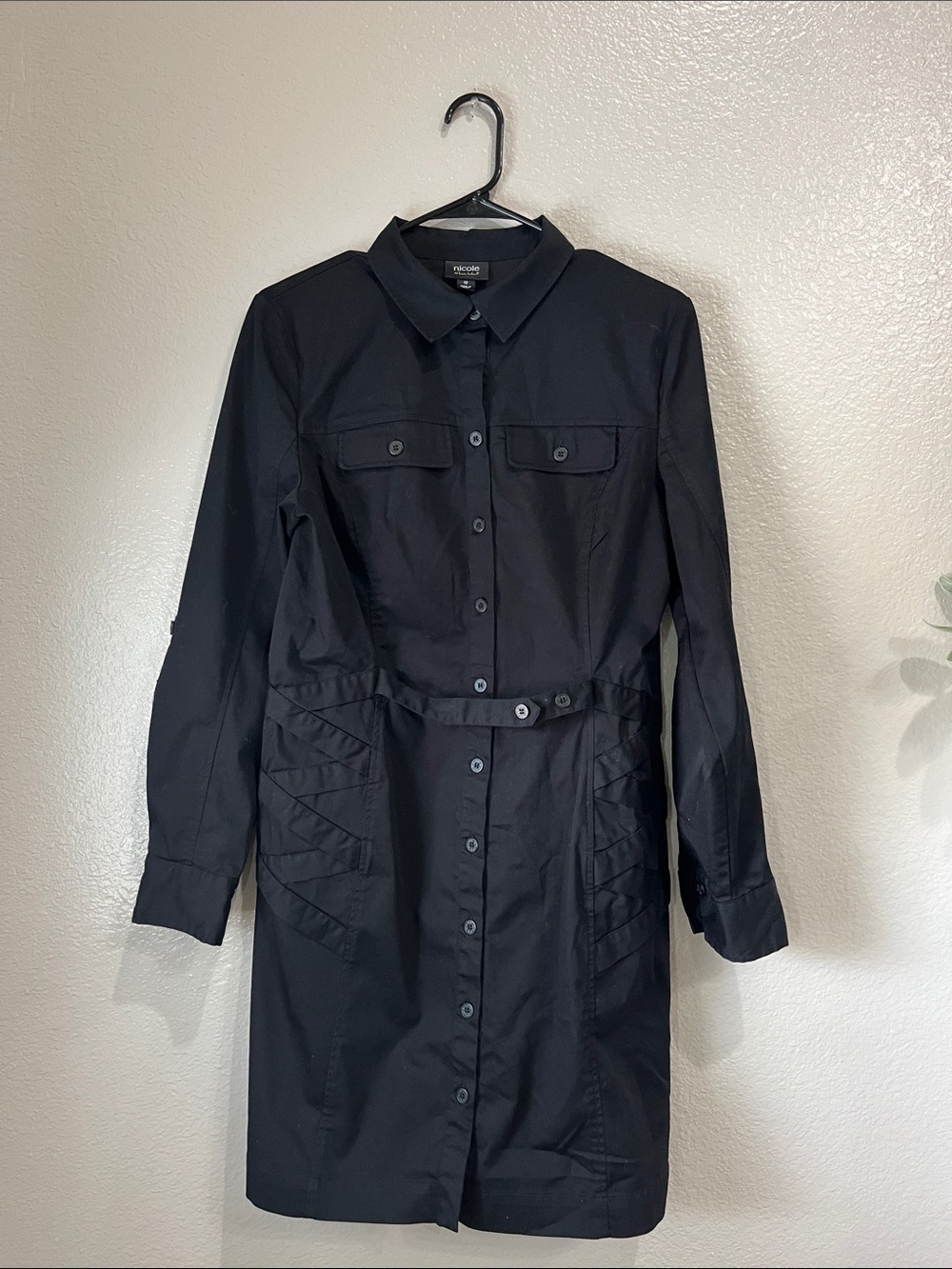 Nicole Black Button Down Long Sleeve Midi Dress Branded Label Sz 12 Chic TC0643